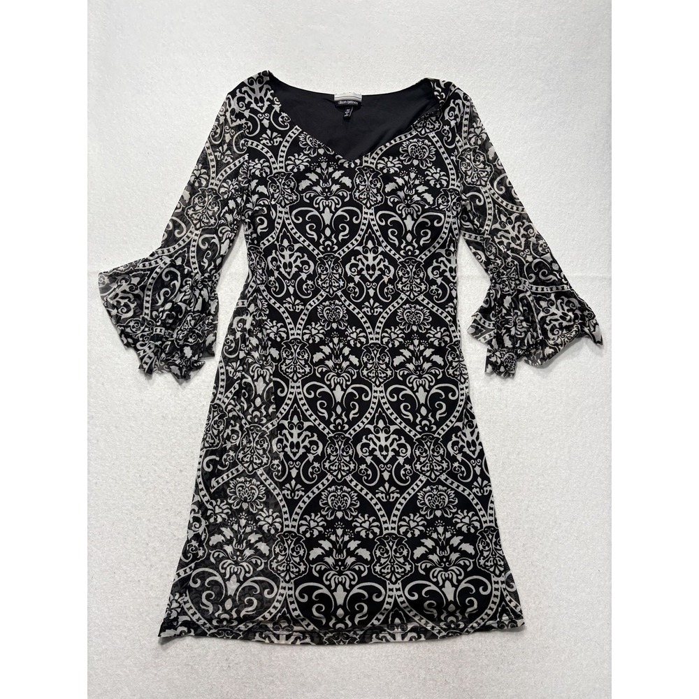 Allison Brittney Dress Womens M Black Floral V Neck 3/4 Bell Sleeve Mesh Sheath